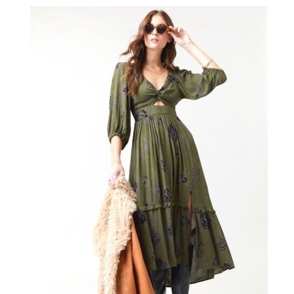 Angie Dresses & Skirts - Angie Midi Dress Size M Olive Green Boho/Festival3/4 Sleeve Tiered Gypsy V-Neck